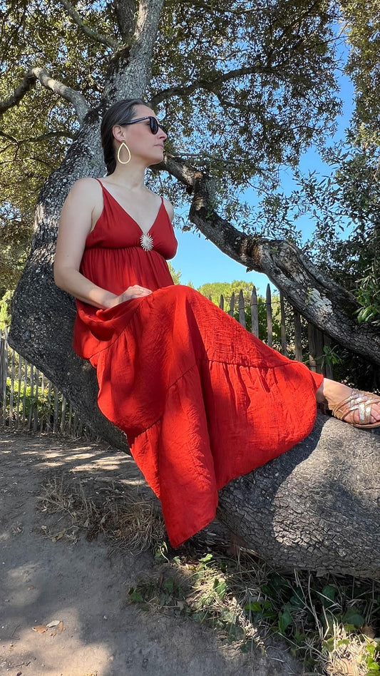 Robe Havanera brique à broche soleil, collection L'Aix-quise, Havana Paris.